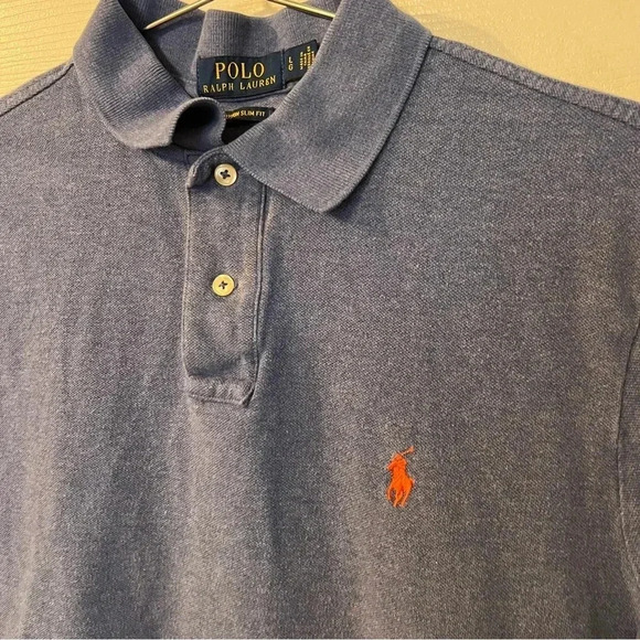 Polo Ralph Lauren Blue Short Sleeved Polo Shirt Custom Slim Fit Mens Size Large - Picture 2 of 6